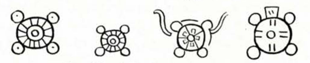 Four drawings of hieroglyphs, circle with inner dot and four smaller outer circles surrounding
