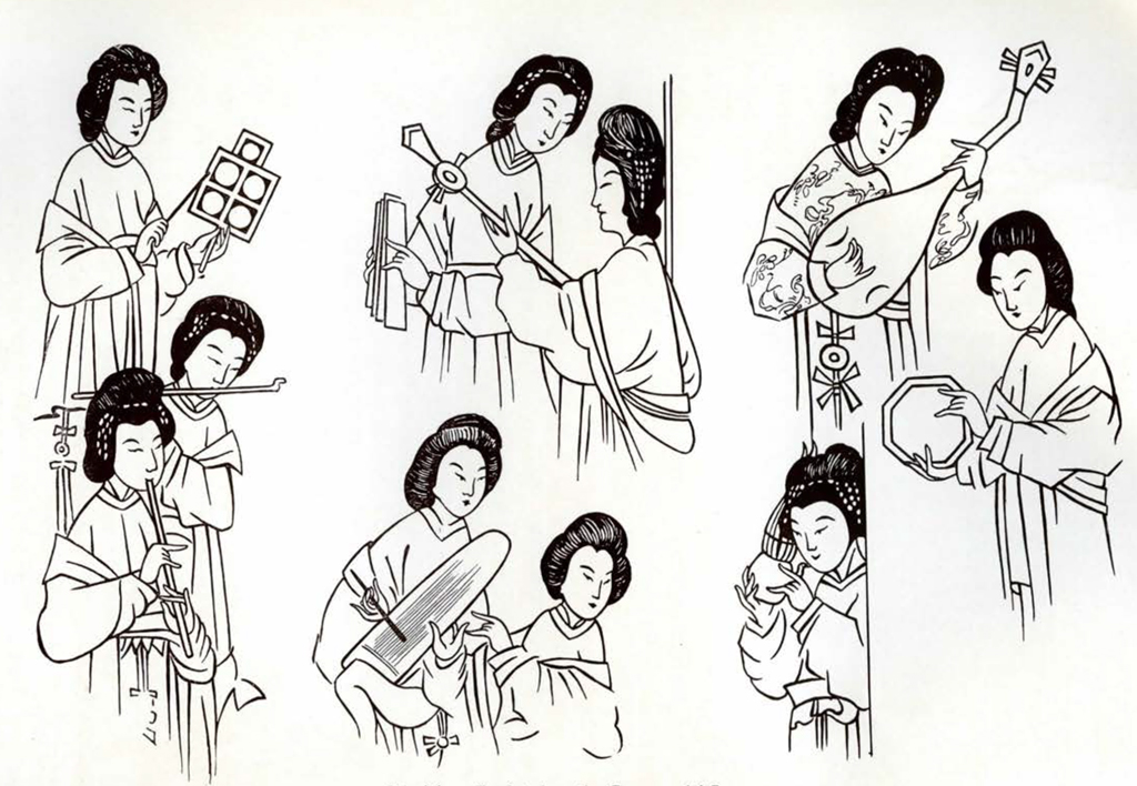 Drawing of several sections of a screen showing musicians