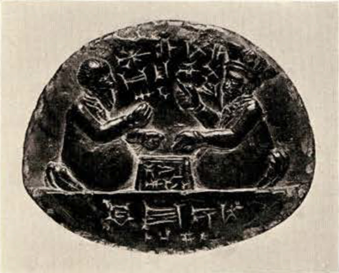 Ovular plaque showing two kneeling men with a table inbetween
