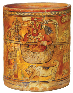 This painted cylinder vessel, circa 8th century CE, was excavated by the Penn Museum at the ancient Maya site of Chama (in modern day Guatemala) in 1916. Height: 21 cm. Diameter: 19 cm. (Penn Museum object number NA11701). Photo: Penn Museum.