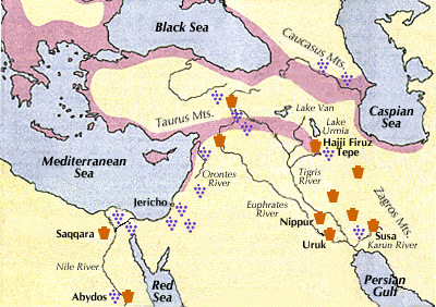 Map of the ancient Near East and Egypt, showing the distribution of the modern wild grapevine in purple shading. Grape remains (primarily pips) recovered from Neolithic and Late Uruk sites are indicated by the grape cluster symbol. The occurence of wine jars, which have been chemically identified as such, are indicated by the jar symbol.